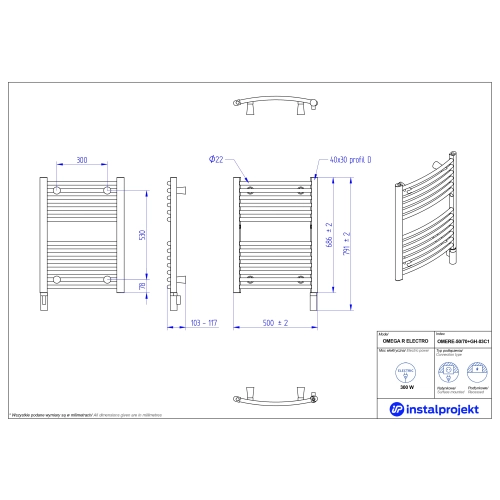 Grzejnik elektryczny OMEGA R Electro biały połysk 50x70 cm OMERE-50/70+GH-03C1 Instal Projekt