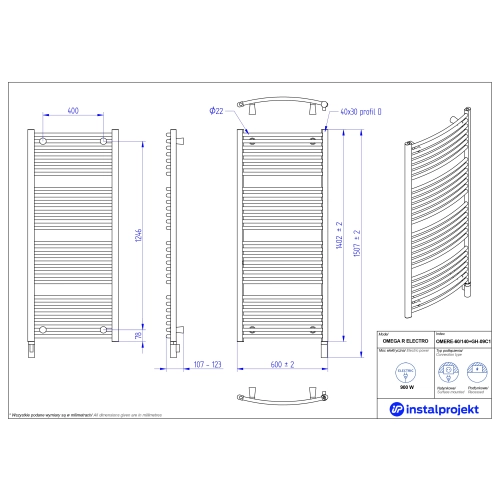 Grzejnik elektryczny OMEGA R Electro biały połysk 60x140 cm OMERE-60/140+GH-09C1 Instal Projekt