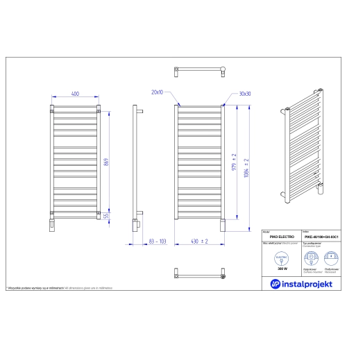 Grzejnik elektryczny PIKO Electro biały połysk 40x100 cm PIKE-40/100+GH-03C1 Instal Projekt