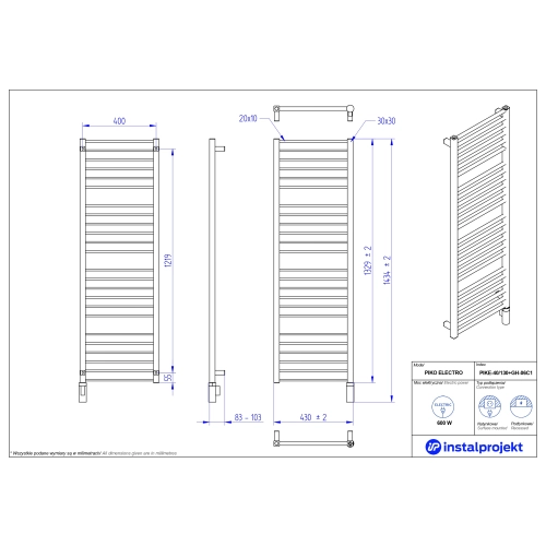 Grzejnik elektryczny PIKO Electro czarny 40x130 cm PIKE-40/130C75+GH-04C2 Instal Projekt