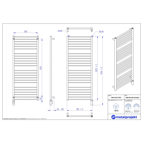 Grzejnik elektryczny PIKO Electro biały mat 50x130 cm PIKE-50/130C34+GH-06C1 Instal Projekt