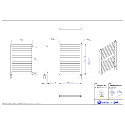 Grzejnik elektryczny PIKO Electro biały połysk 50x70 cm PIKE-50/70+GH-03C1 Instal Projekt