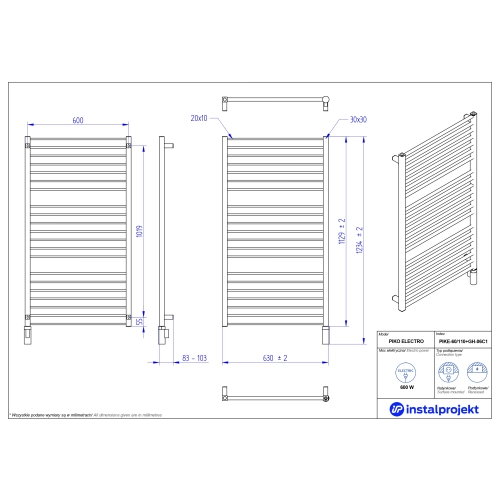 Grzejnik elektryczny PIKO Electro biały mat 60x110 cm PIKE-60/110C34+GH-06C1 Instal Projekt