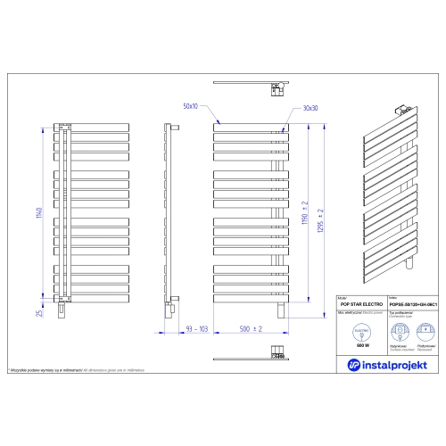 Grzejnik elektryczny POP STAR Electro czarny połysk 50x120 cm POPSE-50/120C76+GH-06C2 Instal Projekt