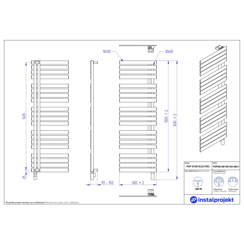 Grzejnik elektryczny POP STAR Electro biały mat 50x150 cm POPSE-50/150C34+GH-06C1 Instal Projekt