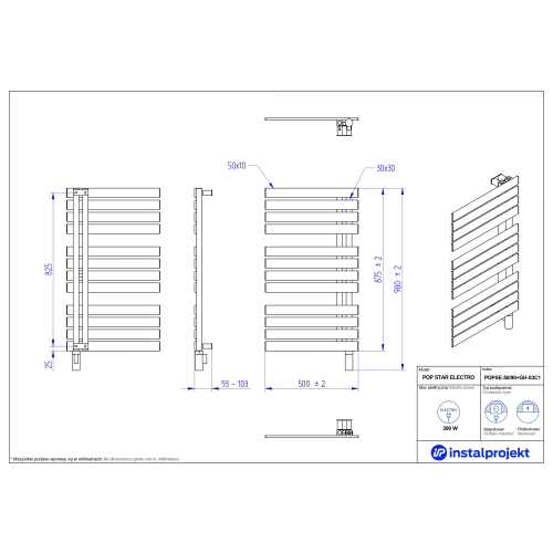 Grzejnik elektryczny POP STAR Electro ciemny szary 50x90 cm POPSE-50/90C71+GH-03C3 Instal Projekt