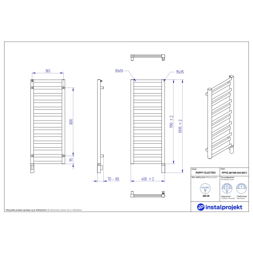 Grzejnik elektryczny POPPY Electro czarny mat 40x100 cm PPYE-40/100C31+GH-03C2 Instal Projekt