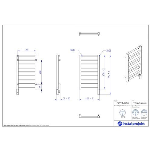 Grzejnik elektryczny POPPY Electro czarny mat 40x70 cm PPYE-40/70C31+GH-03C2 Instal Projekt