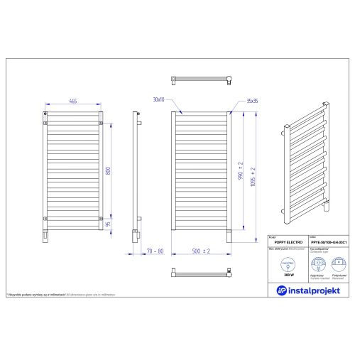 Grzejnik elektryczny POPPY Electro biały połysk 50x100 cm PPYE-50/100+GH-03C1 Instal Projekt