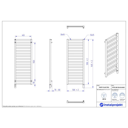 Grzejnik elektryczny POPPY Electro biały połysk 50x130 cm PPYE-50/130+GH-06C1 Instal Projekt