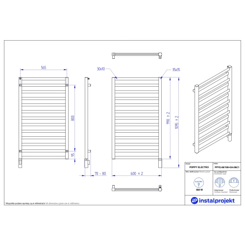 Grzejnik elektryczny POPPY Electro czarny mat 60x100 cm PPYE-60/100C31+GH-06C2 Instal Projekt