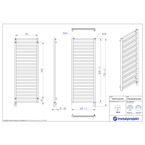 Grzejnik elektryczny POPPY Electro biały połysk 60x160 cm PPYE-60/160+GH-09C1 Instal Projekt