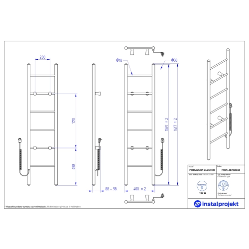 Grzejnik elektryczny PRIMAVERA Electro czarny mat 40x160 cm PRVE-40/160C31 Instal Projekt