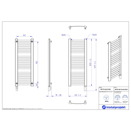 Grzejnik elektryczny RETTO Electro czarny 40x110 cm RETE-40/110C75+GH-03C2 Instal Projekt