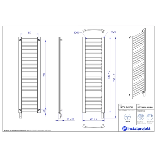 Grzejnik elektryczny RETTO Electro biały mat 40x140 cm RETE-40/140C34+GH-06C1 Instal Projekt