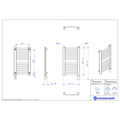 Grzejnik elektryczny RETTO Electro biały połysk 40x70 cm RETE-40/70+GH-03C1 Instal Projekt