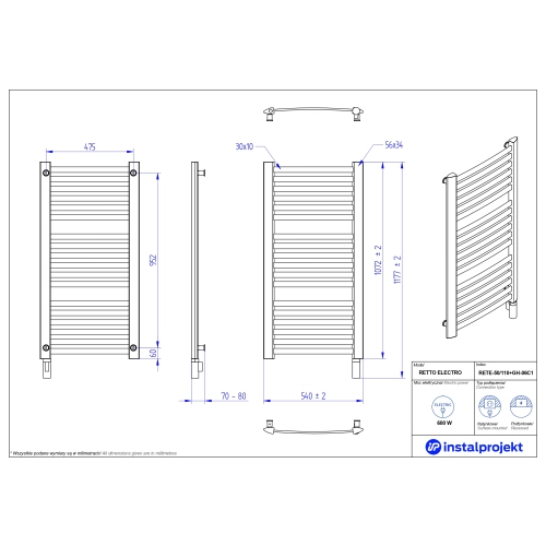 Grzejnik elektryczny RETTO Electro czarny mat 50x110 cm RETE-50/110C31+GH-06C2 Instal Projekt