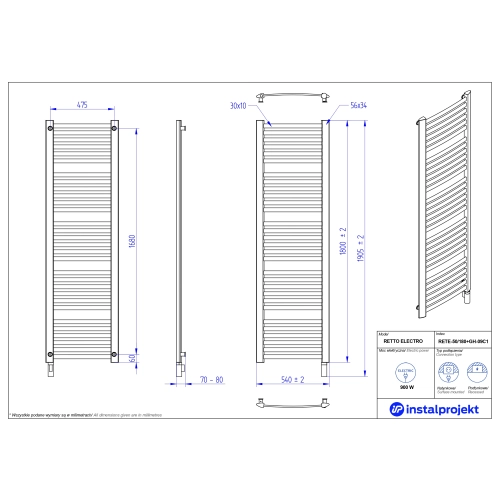 Grzejnik elektryczny RETTO Electro czarny 50x180 cm RETE-50/180C75+GH-09C2 Instal Projekt