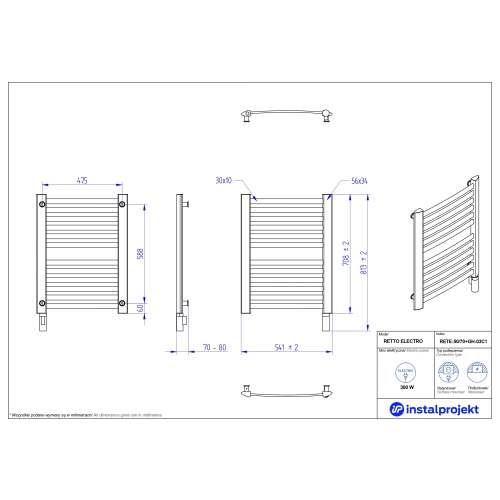 Grzejnik elektryczny RETTO Electro biały mat 50x70 cm RETE-50/70C34+GH-03C1 Instal Projekt