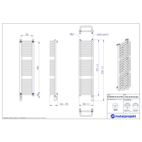 Grzejnik elektryczny STANDARD 3D Electro biały połysk 30x120 cm STDE-30/120+GH-06C1 Instal Projekt