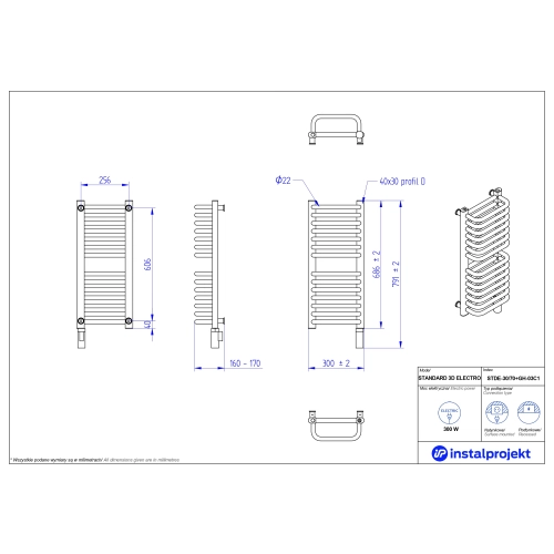 Grzejnik elektryczny STANDARD 3D Electro biały połysk 30x70 cm STDE-30/70+GH-03C1 Instal Projekt