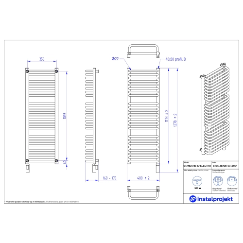 Grzejnik elektryczny STANDARD 3D Electro biały połysk 40x120 cm STDE-40/120+GH-09C1 Instal Projekt