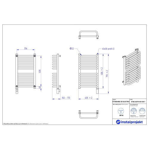 Grzejnik elektryczny STANDARD 3D Electro biały połysk 40x70 cm STDE-40/70+GH-03C1 Instal Projekt