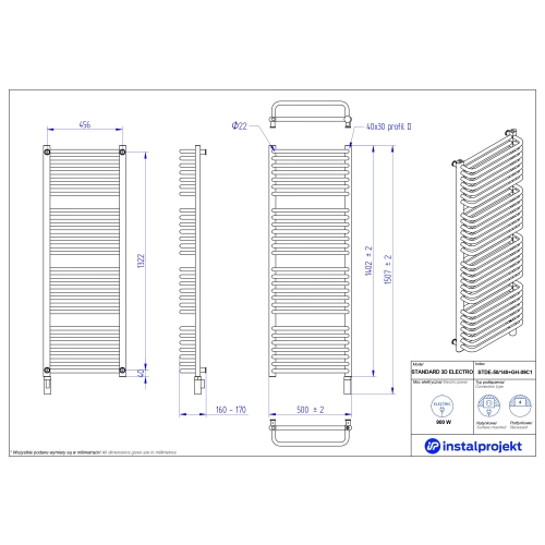 Grzejnik elektryczny STANDARD 3D Electro biały połysk 50x140 cm STDE-50/140+GH-09C1 Instal Projekt