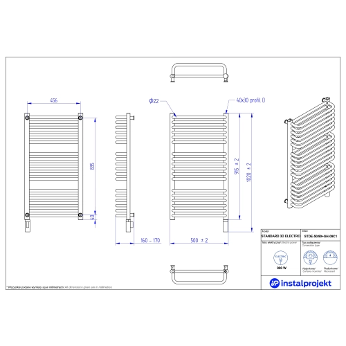 Grzejnik elektryczny STANDARD 3D Electro biały połysk 50x90 cm STDE-50/90+GH-09C1 Instal Projekt