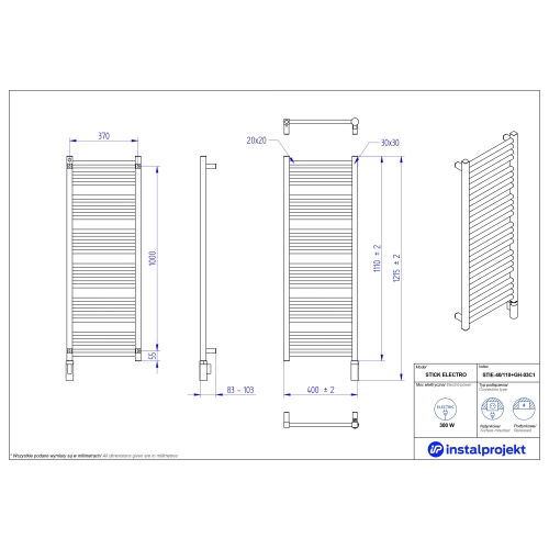 Grzejnik elektryczny STICK Electro biały połysk 40x110 cm STIE-40/110+GH-03C1 Instal Projekt