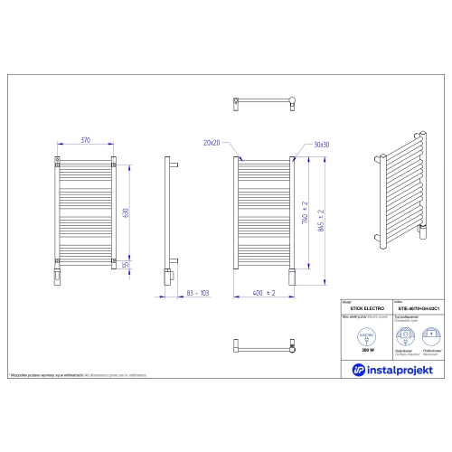 Grzejnik elektryczny STICK Electro biały połysk 40x70 cm STIE-40/70+GH-03C1 Instal Projekt