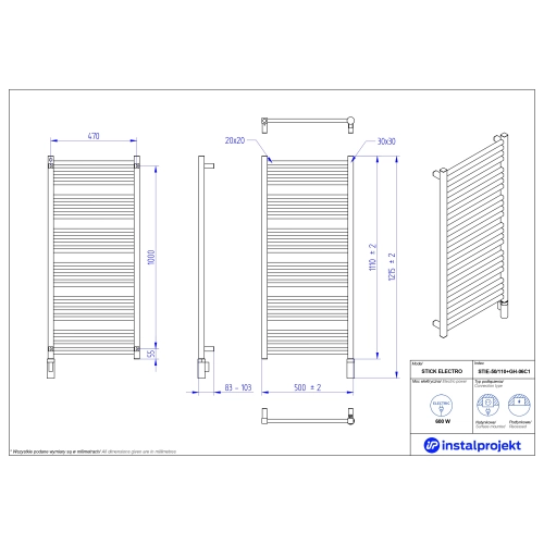 Grzejnik elektryczny STICK Electro biały połysk 50x110 cm STIE-50/110+GH-06C1 Instal Projekt