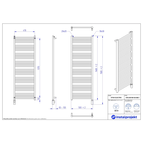 Grzejnik elektryczny STICK Electro czarny mat 50x150 cm STIE-50/150C31+GH-06C2 Instal Projekt