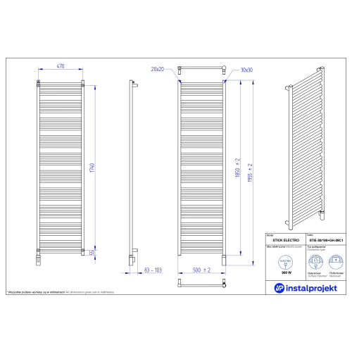 Grzejnik elektryczny STICK Electro czarny 50x190 cm STIE-50/190C75+GH-09C2 Instal Projekt