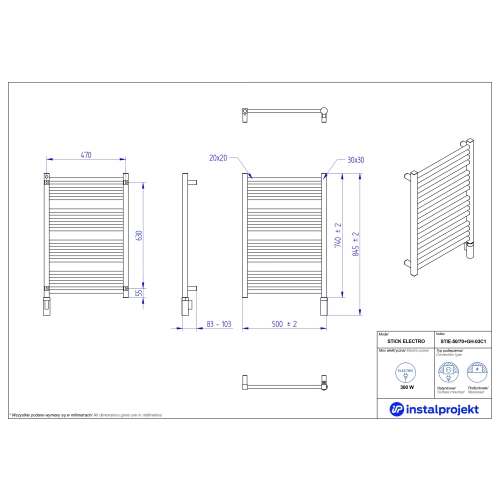 Grzejnik elektryczny STICK Electro biały mat 50x70 cm STIE-50/70C34+GH-03C1 Instal Projekt