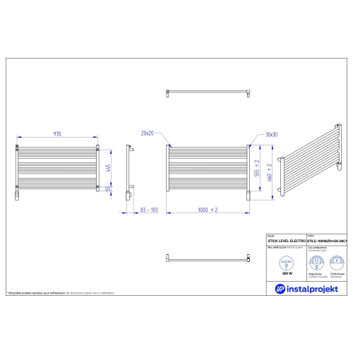 Grzejnik elektryczny STICK LEVEL Electro czarny 100x60 cm STILE-100/60ZNC75+GH-06C2 Instal Projekt