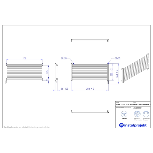 Grzejnik elektryczny STICK LEVEL Electro biały mat 120x60 cm STILE-120/60ZNC34+GH-06C1 Instal Projekt