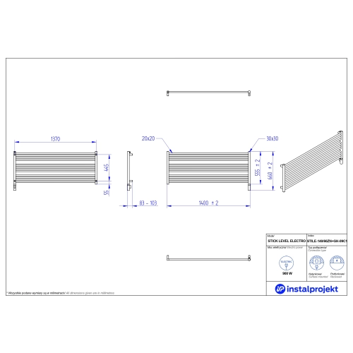 Grzejnik elektryczny STICK LEVEL Electro biały połysk 140x60 cm STILE-140/60ZN+GH-09C1 Instal Projekt