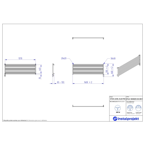 Grzejnik elektryczny STICK LEVEL Electro biały połysk 160x60 cm STILE-160/60ZN+GH-09C1 Instal Projekt