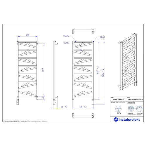 Grzejnik elektryczny TRICK Electro biały mat 40x120 cm TRKE-40/120C34+GH-04C1 Instal Projekt