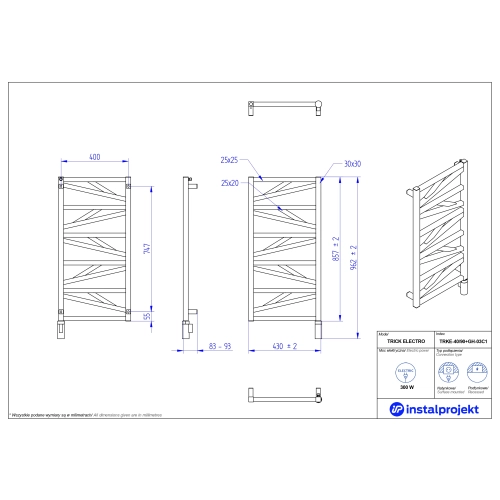 Grzejnik elektryczny TRICK Electro biały mat 40x90 cm TRKE-40/90C34+GH-03C1 Instal Projekt