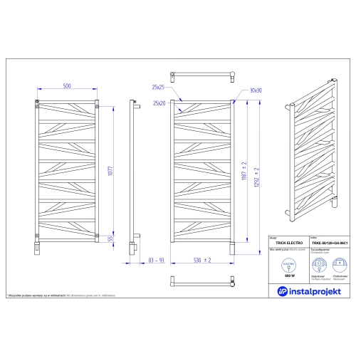 Grzejnik elektryczny TRICK Electro czarny mat 50x120 cm TRKE-50/120C31+GH-06C2 Instal Projekt