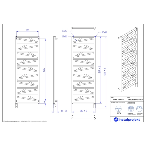 Grzejnik elektryczny TRICK Electro czarny mat 50x150 cm TRKE-50/150C31+GH-06C2 Instal Projekt