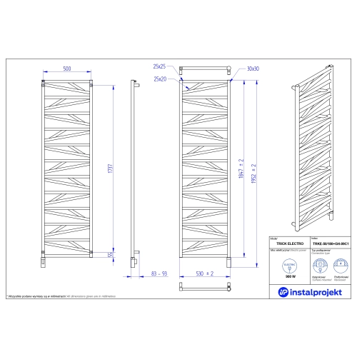 Grzejnik elektryczny TRICK Electro biały mat 50x180 cm TRKE-50/180C34+GH-09C1 Instal Projekt