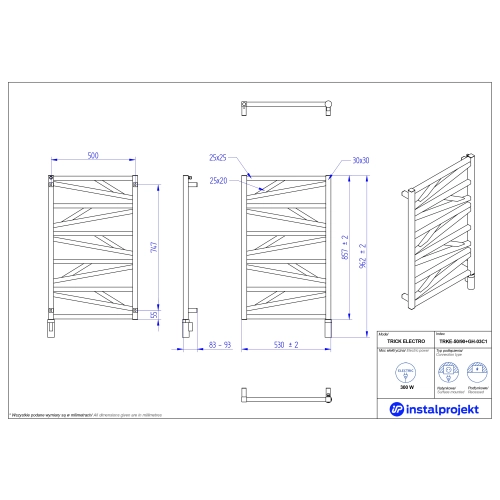 Grzejnik elektryczny TRICK Electro biały mat 50x90 cm TRKE-50/90C34+GH-04C1 Instal Projekt